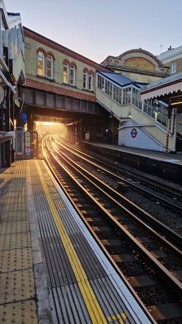 No flowers are visible in this image; it depicts a railway station platform with train tracks curving into the distance, passing under a bridge with brick and glass buildings in the background. The pl