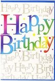 This birthday card feels like a burst of confetti captured in print, the kind of design that would sit happily alongside a colourful bouquet delivered to a doorstep in Leytonstone. Dominating the front, the words Happy Birthday are written in large, easy-to-read letters that look as though they have been brushed with liquid colour. Starting in deep cherry red, the gradient flows smoothly through warm oranges and sunny yellow, then drifts into fresh greens, cool turquoise, and rich blues before settling into a luxurious plum tone. The letters appear slightly raised and silky, and the way they catch the light hints at a high-quality finish, inviting touch. Behind this joyful headline, the background is mostly light and uncluttered, yet alive with softly shimmering detail. In delicate golden script, the phrase Happy Birthday to you repeats in graceful loops, forming horizontal bands like lines in a favourite song. The gold glows rather than sparkles harshly, reminiscent of the gentle gleam of streetlights after dusk near Wanstead Flats. Small flecks of metallic ink sit between the lines, adding a subtle confetti effect without overwhelming the design. Together, the bold rainbow text and fine gold calligraphy create a sense of both fun and heartfelt sentiment, as if the card is quietly singing along to the celebration. It is easy to picture this card opened at a family table in Leytonstone, standing beside a cake and flowers, its colours and message combining to make the birthday feel a little brighter and more special.