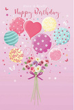This imaginative birthday design feels like a little party drifting above the rooftops of Leytonstone. A soft pink backdrop sets a calm, joyful tone, similar to the pastel hues of shopfronts along Church Lane on a sunny afternoon. Floating at the centre is a playful arrangement of balloons in pastel shades of rose, teal, mint, lavender, and lemon yellow. Each balloon carries its own charm: some are wrapped in swirling candy stripes, others dotted with lively polka spots, and one is shaped into a tender heart that instantly suggests love and thoughtfulness. Their glossy surfaces catch the light, creating gentle highlights that make the balloons seem almost three-dimensional. Anchoring this airy cluster is a compact hand-tied bouquet at the base. Creamy ivory and blush pink roses mingle with soft, anemone-like flowers in gentle mauve, their petals layered and feathery, as if you could feel their softness between your fingertips. The blooms are packed closely together, mimicking the fullness of a fresh birthday bouquet delivered straight from a local Leytonstone florist. Glimpses of greenery weave through the flowers, adding a natural balance to the pastel tones. A neat violet ribbon wraps around the stems, tied in a satin bow that gleams with a subtle shine. Around the bouquet, tiny star shapes and delicate butterflies appear to flutter, enhancing the sense of movement and magic, like confetti caught in a light breeze. The entire composition conveys light-hearted joy and tender celebration, perfect for imagining a birthday surprise arriving at a loved one's door in Leytonstone.