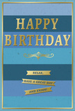 In this image, a beautifully composed blue and gold birthday card stands alone, exuding a quiet, confident charm that would feel right at home on a mantelpiece in Leytonstone after a thoughtful flower delivery. The background of the card is formed by wide horizontal stripes in carefully graduated blues, shifting from light and breezy near the top to deeper, more contemplative tones towards the bottom. This layered effect gives the card a soft sense of movement, like watching the sky change above the rooftops along Leytonstone High Road. At the centre, a tall, gold-bordered rectangle holds the main message: HAPPY BIRTHDAY, stamped in large, embossed gold capitals. The metallic finish glows rather than glares, catching the light in a way that suggests gentle celebration instead of loud sparkle. The letters appear slightly raised, offering a tactile contrast against the smooth, matte blue around them. Just beneath the greeting, a delicate golden flourish arches gracefully from side to side, separating the primary message from three slim gold banners placed below. Each of these banners carries a brief, upbeat phrase - Relax, Have a great day, and Enjoy! - written as though the sender is offering quiet encouragement. The overall look is clean, uncluttered and stylish, suitable for many ages and tastes. You can almost picture this card standing beside a vase of fresh birthday blooms in a flat near Hollow Ponds or a family home close to Wanstead Flats, its calm colours and gentle shine adding a refined, restful note to the celebration.